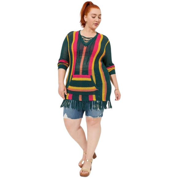 Torrid NWT Open Stitch Pullover Fringe Hem Sweater Size 4X Kangaroo Pocket Boho - Picture 3 of 8